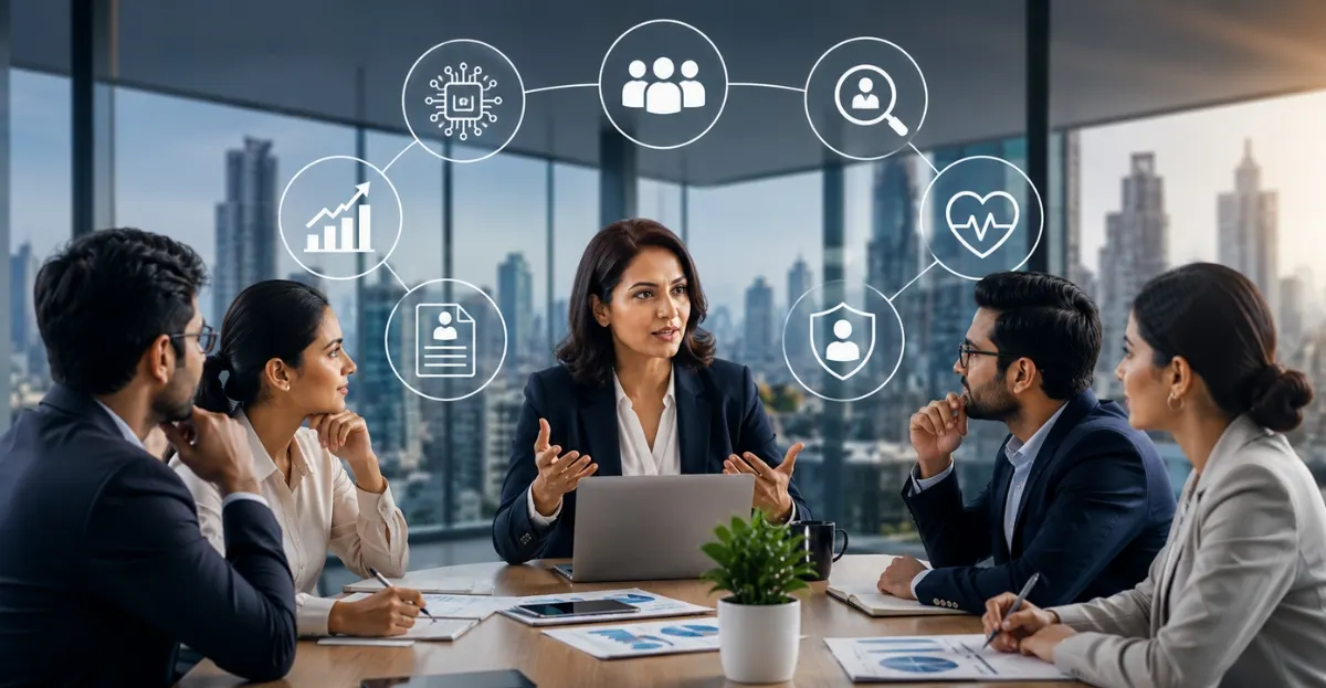CHRO priorities in India 2026 illustrated through an HR leadership meeting discussing AI adoption, employee retention, skills-first hiring, wellbeing, and workforce strategy.