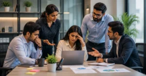 Culture audit in action showing employees facing workplace stress and management challenges during a team meeting in a modern Indian office.
