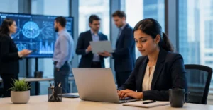 Deep tech talent recruitment professional reviewing candidates in a modern technology workplace while teams collaborate on advanced AI and engineering projects