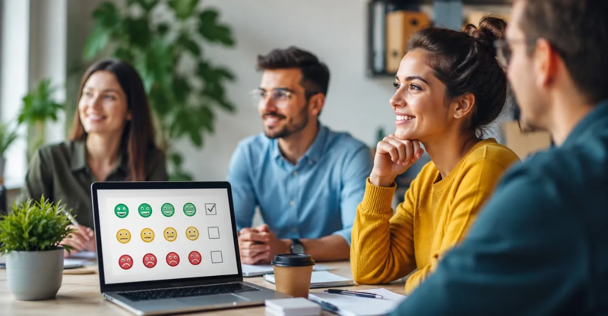 Employee engagement survey discussion in a modern workplace meeting, with employees reviewing feedback insights and workplace engagement data.