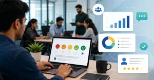 Employee Engagement Survey for IT Companies being completed by an employee on a laptop, with HR analytics, employee feedback metrics, and workplace engagement insights displayed in a modern office environment.
