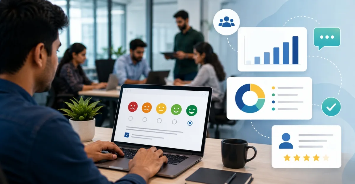 Employee Engagement Survey for IT Companies being completed by an employee on a laptop, with HR analytics, employee feedback metrics, and workplace engagement insights displayed in a modern office environment.