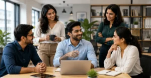 Employee referral program meeting with team members discussing candidate recommendations and recruitment strategies in a modern workplace