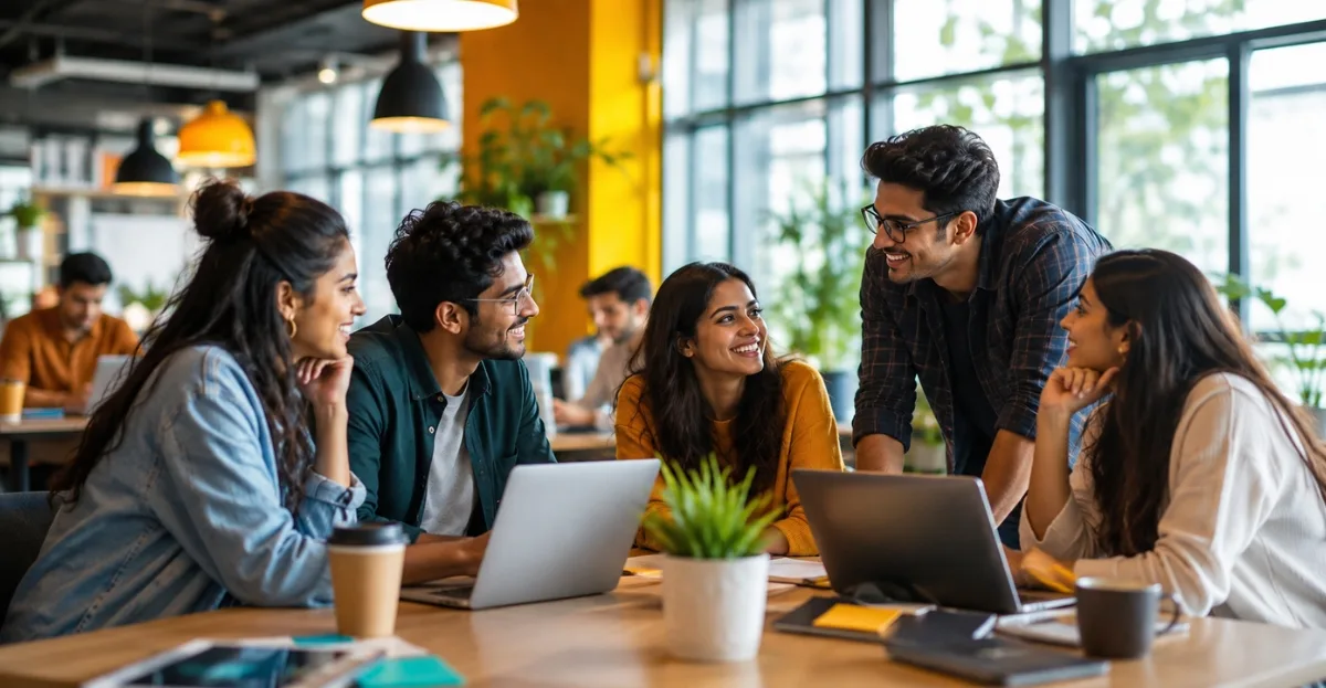 Employer branding for Gen Z in India showcasing young professionals collaborating in a modern workplace focused on learning, flexibility, and employee experience.