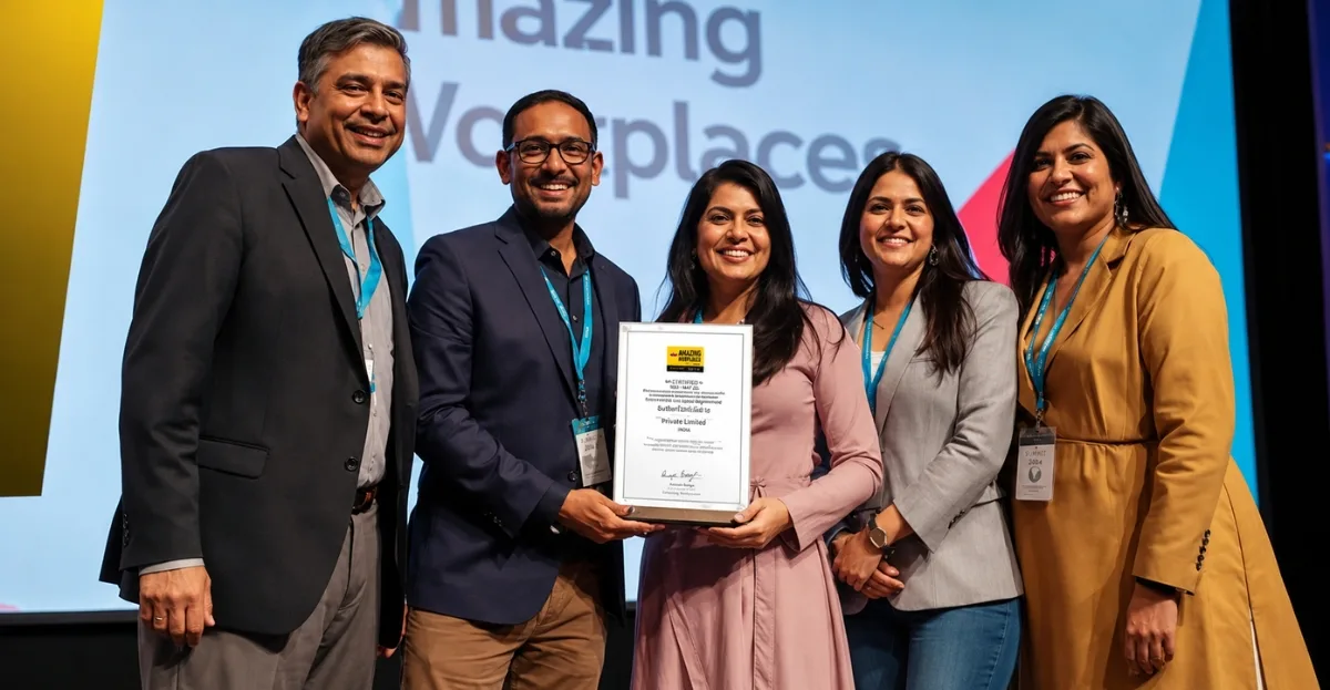 Get Workplace Certified in India award ceremony with employees receiving workplace certification recognition at an Amazing Workplaces event.