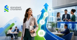 Internal Mobility at Standard Chartered illustrated through employees engaging in skills-based career growth, collaboration, and internal talent development.