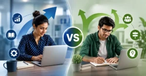 Upskilling vs Reskilling concept showing professionals learning new skills and adapting to evolving workplace roles through workforce development initiatives.