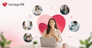 Vantage Fit corporate wellness platform showcasing integrated employee wellbeing services, including mental health support, doctor consultations, health checkups, diagnostics, and wellness programs.