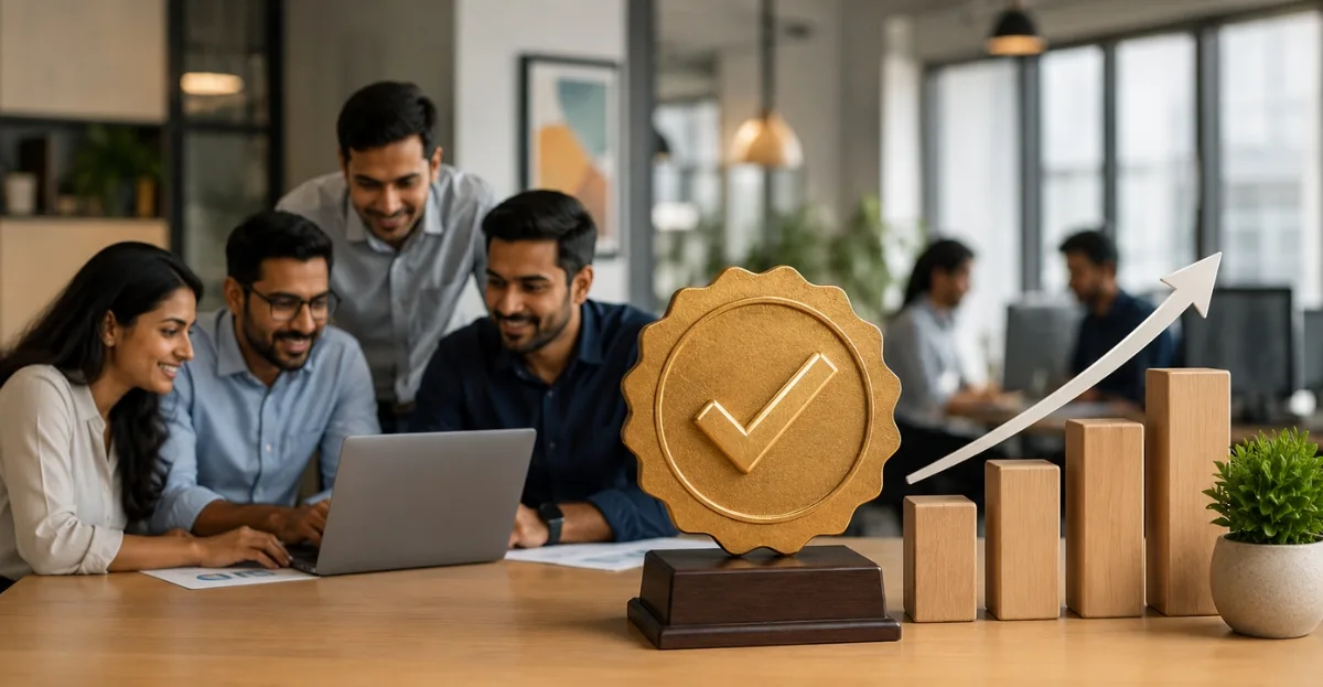 Workplace certification for Indian MSMEs illustrated by a startup team reviewing business growth metrics alongside a certification badge in a modern office.
