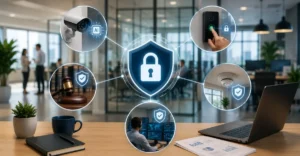 Workplace security measures including AI surveillance, biometric access control, cybersecurity monitoring, and smart safety systems in a modern office environment