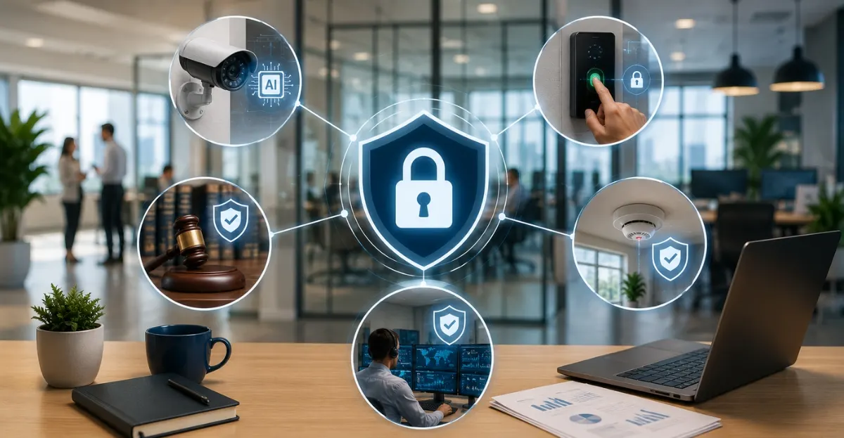 Workplace security measures including AI surveillance, biometric access control, cybersecurity monitoring, and smart safety systems in a modern office environment