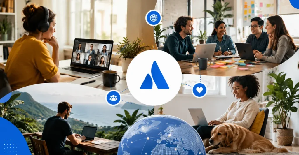 Atlassian Company Culture illustration showcasing the Team Anywhere philosophy with remote employees collaborating across locations through digital tools, flexible work environments, and connected global teams.