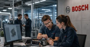 Bosch Company Culture showcasing engineers collaborating in a modern manufacturing facility with a focus on innovation, employee development, and teamwork.