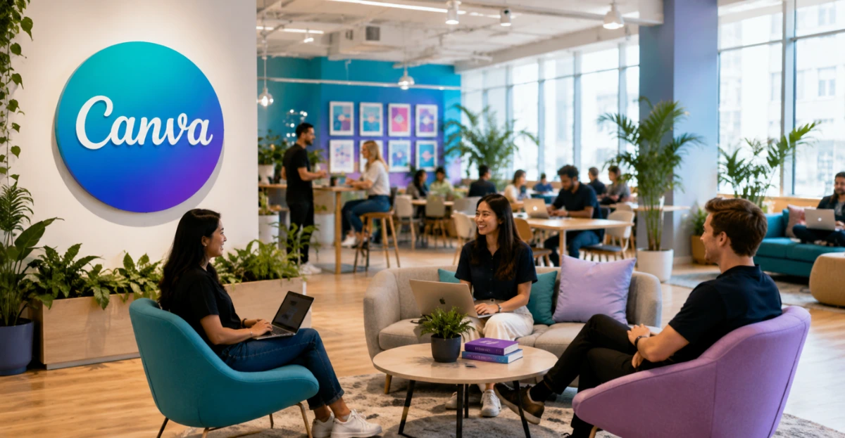 Canva Workplace Culture showcased through a collaborative office environment where employees engage in teamwork, innovation, creativity, and purpose-driven work.