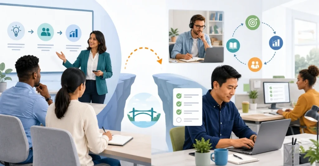 Learning Transfer Gap illustration showing employee training, manager coaching, workplace learning, and continuous feedback improving training effectiveness.