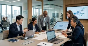Siemens Company Culture reflected through employees collaborating in a modern workplace focused on learning, leadership development, and innovation.