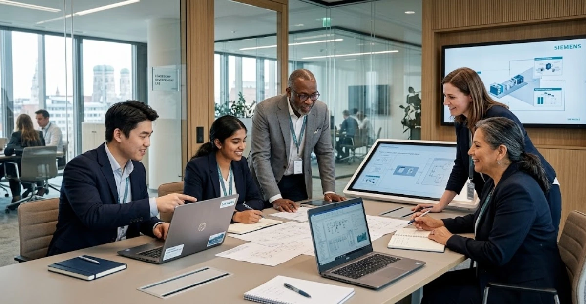 Siemens Company Culture reflected through employees collaborating in a modern workplace focused on learning, leadership development, and innovation.