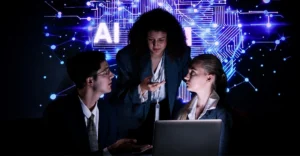 AI is reshaping the leadership pipeline as business professionals collaborate around a laptop with a futuristic AI technology backdrop