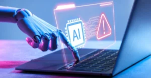 AI agents in the workplace represented by a robotic hand using a laptop with an AI warning interface