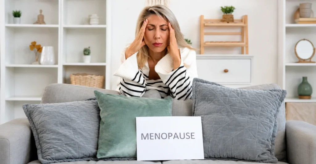 Menopause at Work policy concept showing a woman experiencing menopause symptoms while working, highlighting the need for workplace support and HR policies.