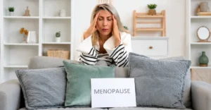 Menopause at Work policy concept showing a woman experiencing menopause symptoms while working, highlighting the need for workplace support and HR policies.