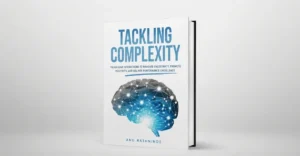 Tackling Complexity book review featuring the book cover by Anu Rathnindhe with a blue networked brain illustration