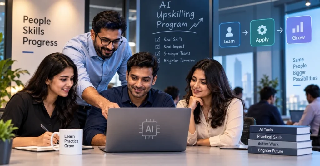 Employees collaborating on laptops during an AI upskilling programs training session