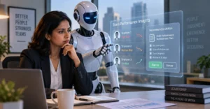 Manager reviewing an AI in management decisions dashboard before approving a team recommendation