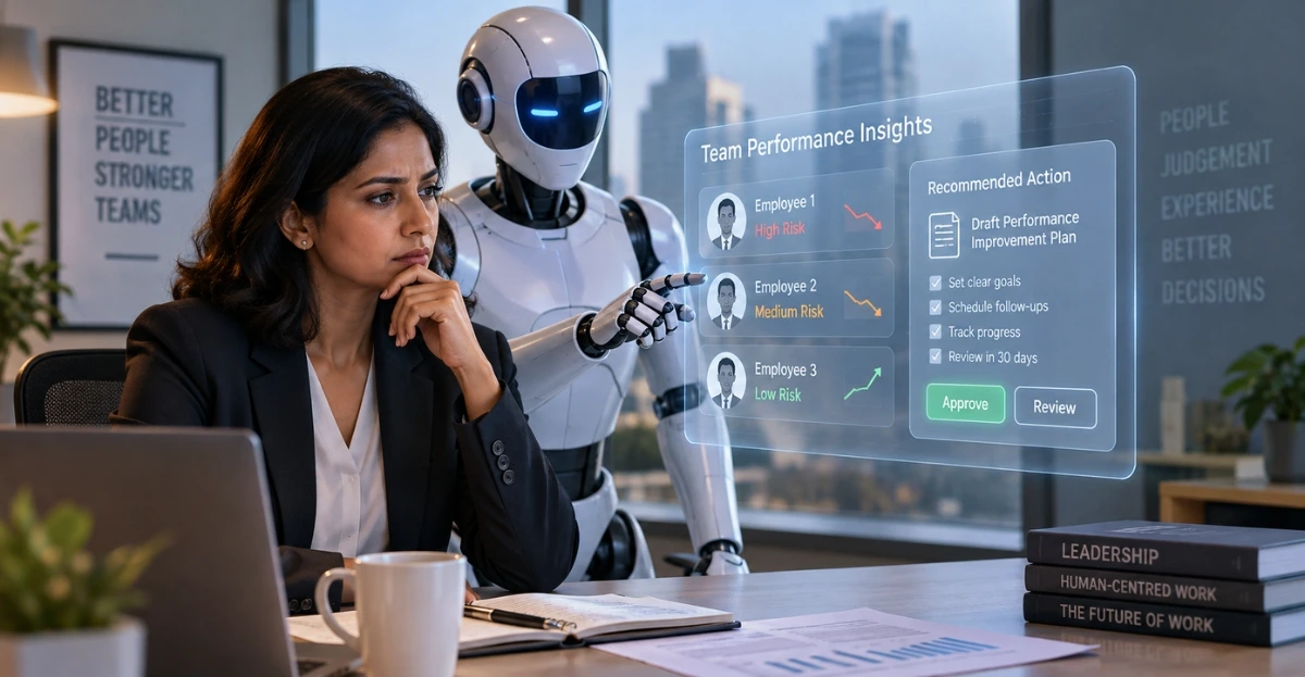 Manager reviewing an AI in management decisions dashboard before approving a team recommendation