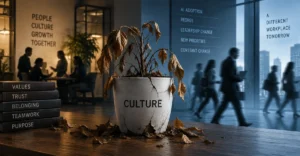 Culture atrophy in modern workplaces caused by constant organizational change, AI adoption, and shifting priorities