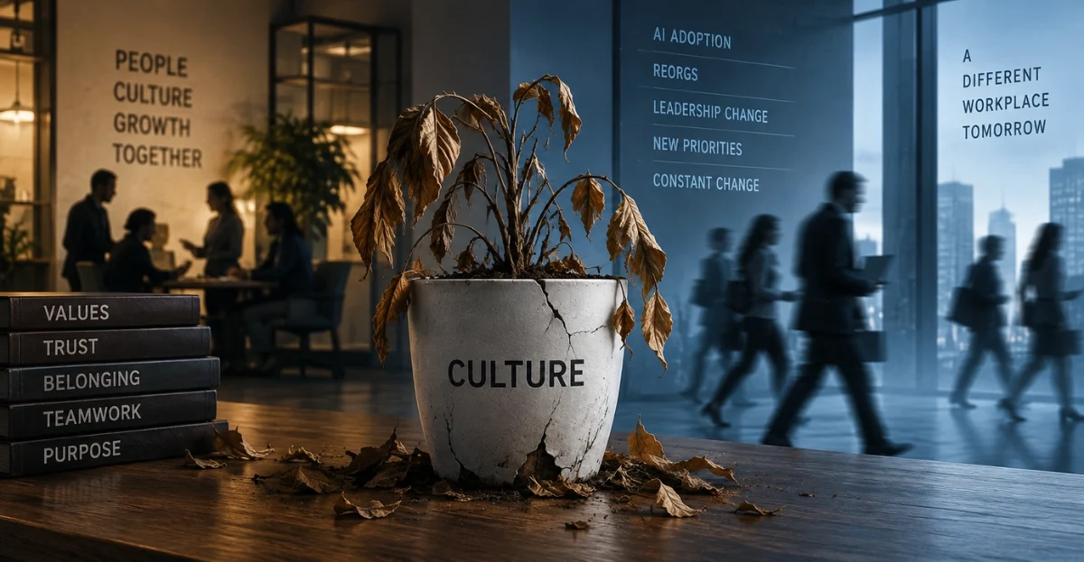 Culture atrophy in modern workplaces caused by constant organizational change, AI adoption, and shifting priorities