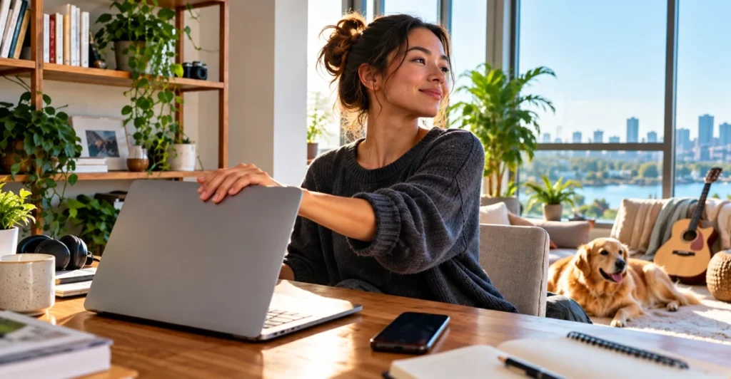 Gen Z and Millennials embracing work-life balance by closing a laptop and disconnecting from work