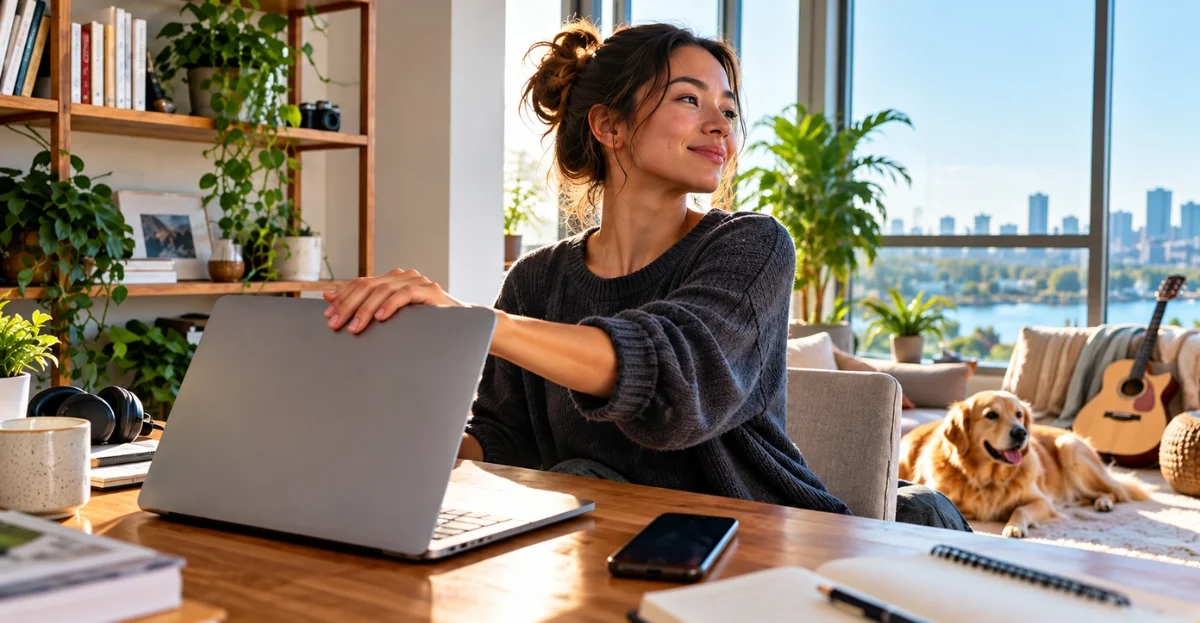 Gen Z and Millennials embracing work-life balance by closing a laptop and disconnecting from work