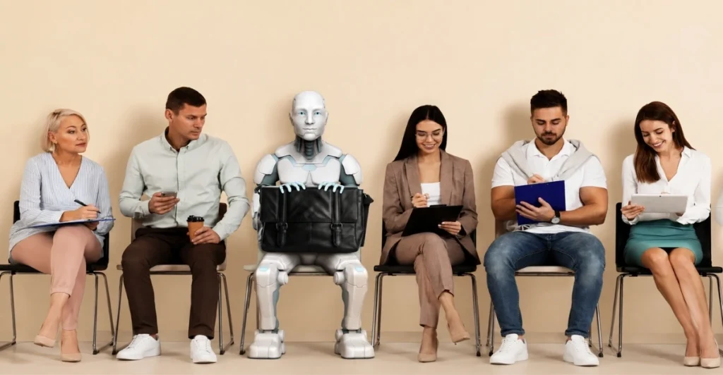 HR jobs are booming despite AI investment, showing human professionals and a humanoid robot in a hiring environment
