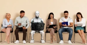 HR jobs are booming despite AI investment, showing human professionals and a humanoid robot in a hiring environment