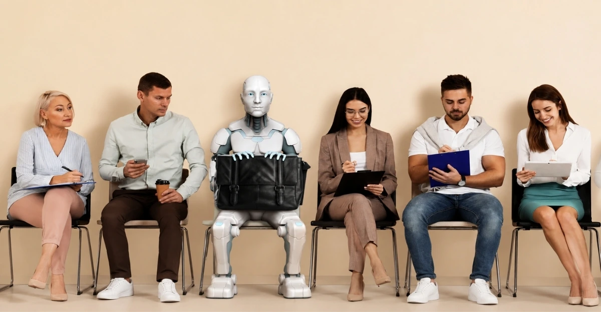 HR jobs are booming despite AI investment, showing human professionals and a humanoid robot in a hiring environment