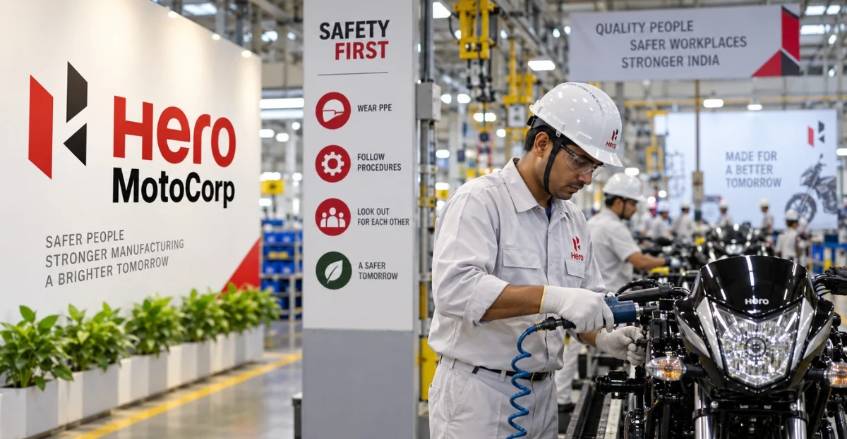 Hero MotoCorp safety culture - employees in PPE on the manufacturing floor