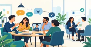 Manager and team talking in an office meeting to improve internal communication and employee morale