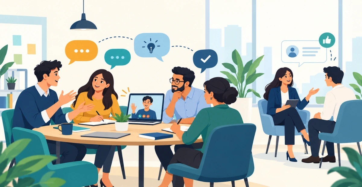 Manager and team talking in an office meeting to improve internal communication and employee morale
