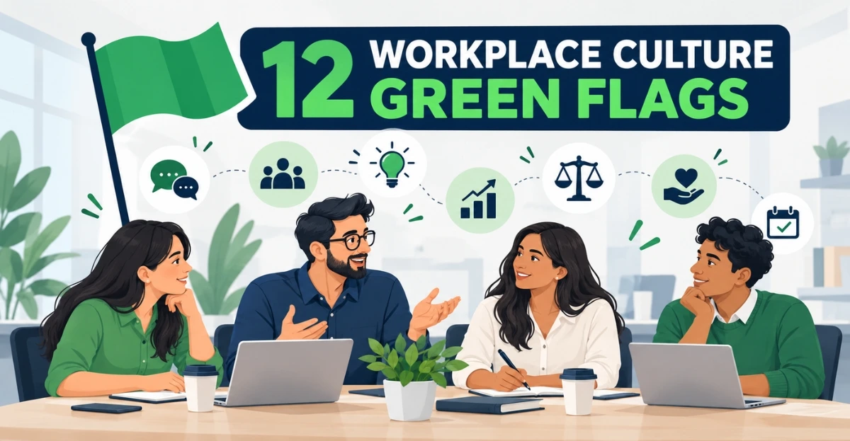 Checklist of 12 workplace culture green flags, including clear feedback, shared credit and respect for time